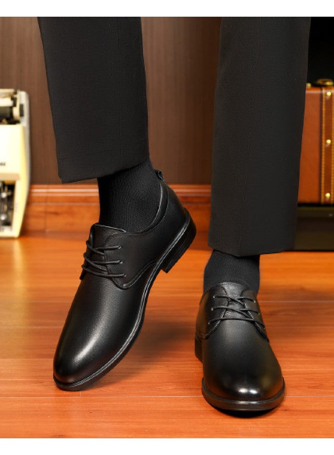 Old Man'S Head Top Grain Leather】lace-up Business Casual Shoes For Men, Spring/autumn Genuine Leather Plain Color Simple & Versatile Work Dress Shoes For Men - Image 1