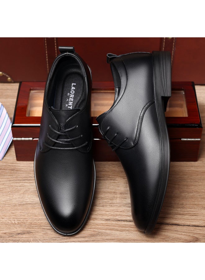 Old Man'S Head Top Grain Leather】lace-up Business Casual Shoes For Men, Spring/autumn Genuine Leather Plain Color Simple & Versatile Work Dress Shoes For Men - Image 3
