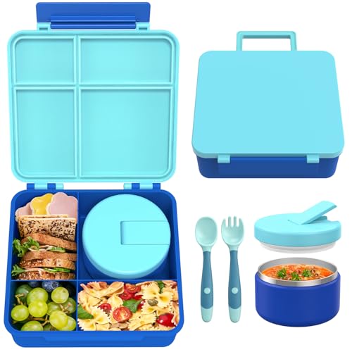 LOHASOK Bento Lunch Box with 8oz Soup Thermo, Leak-Proof Lunch Containers with 4 Compartment, Thermo Hot Food Jar and Insulated Lunch Box for School Blue - Image 1