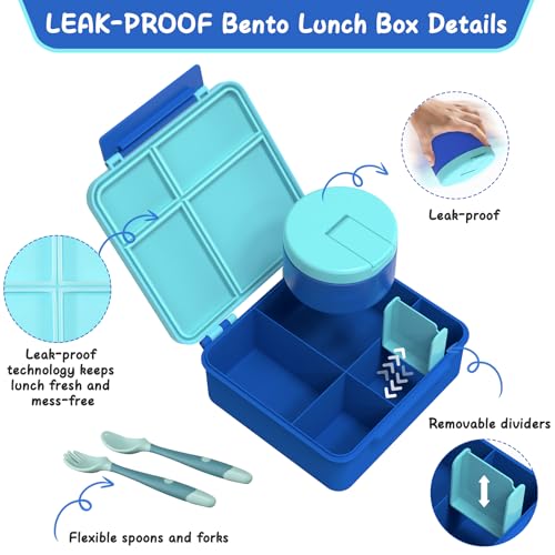LOHASOK Bento Lunch Box with 8oz Soup Thermo, Leak-Proof Lunch Containers with 4 Compartment, Thermo Hot Food Jar and Insulated Lunch Box for School Blue - Image 3