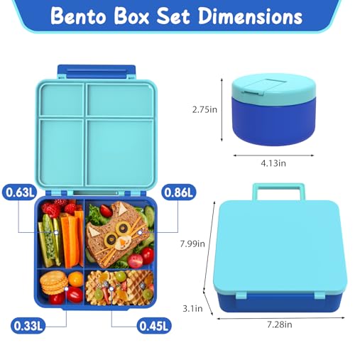 LOHASOK Bento Lunch Box with 8oz Soup Thermo, Leak-Proof Lunch Containers with 4 Compartment, Thermo Hot Food Jar and Insulated Lunch Box for School Blue - Image 2