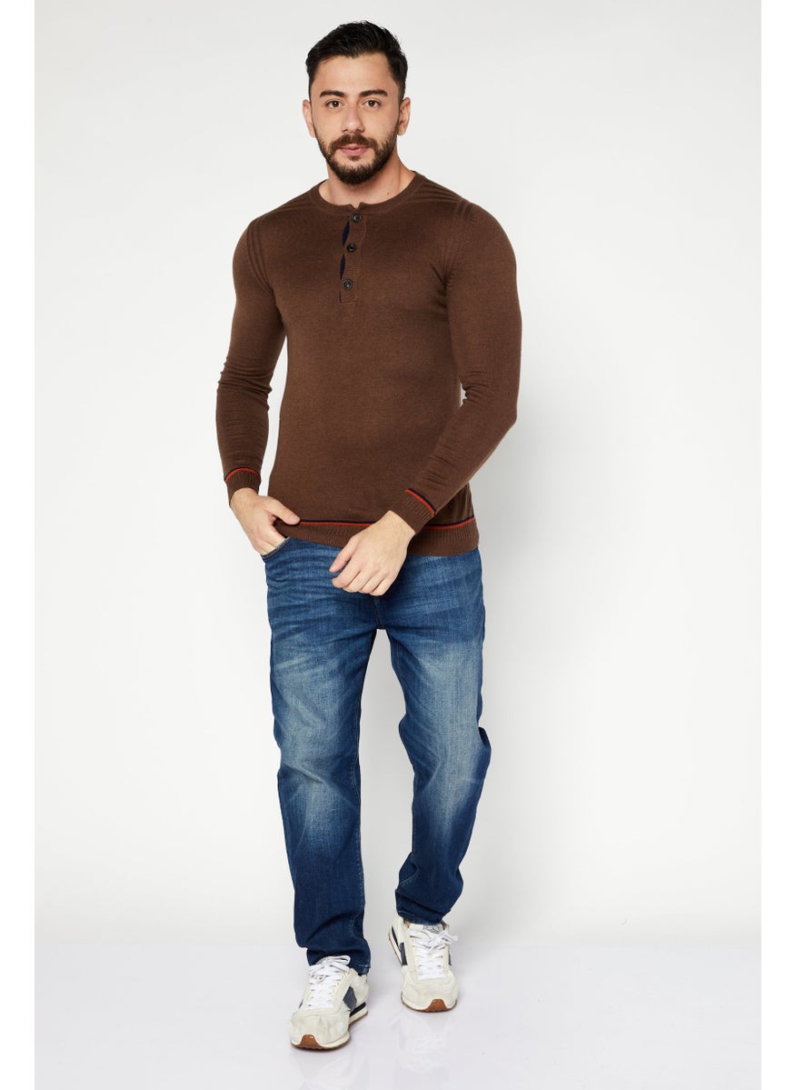 Sorbino Men Crew Neck Long Sleeve Textured Sweatshirt, Brown  - Image 2