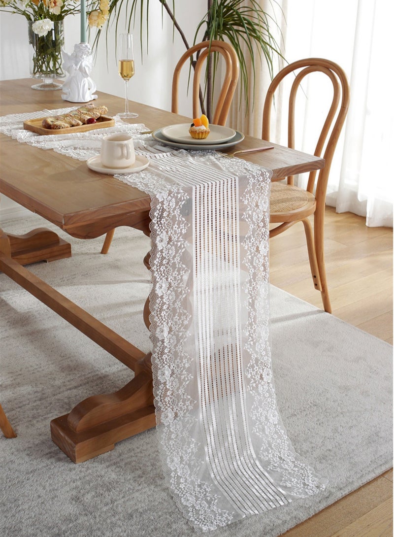 TDAO White Lace Table Runner 17.7 x 86.67 Inch/45CM x 210CM Embroidered Boho Table Runner for Wedding Party, Bridal Shower Decorations, Dining Room,Tea and Coffee Vintage Rustic Table Runners - Image 1