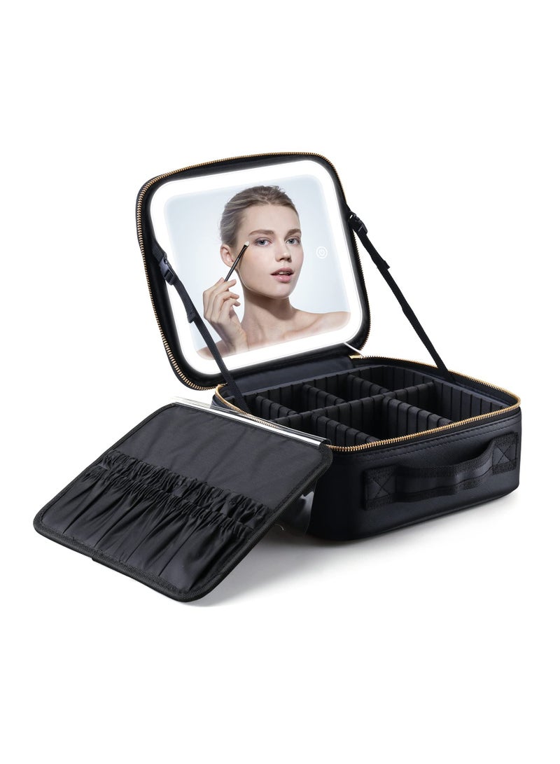 SYOSI Portable Travel Cosmetic Case, with Mirror LED Light 3 Adjustable Brightness Cosmetic Bag Adjustable Dividers Makeup Storage For Women, Makeup Accessories and Tools Case, Rechargeable,Waterproof - Image 1