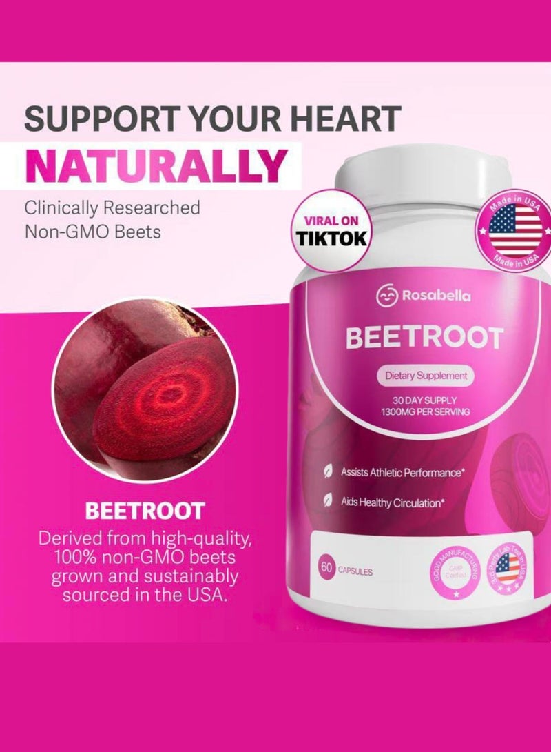 Rosabella Organic Beet Root Capsules – 1300mg Beetroot Powder for Natural Energy & Endurance Support, Non-GMO, Lab-Tested Beet Supplement - 60 Capsules, 30-Day Supply - Image 3