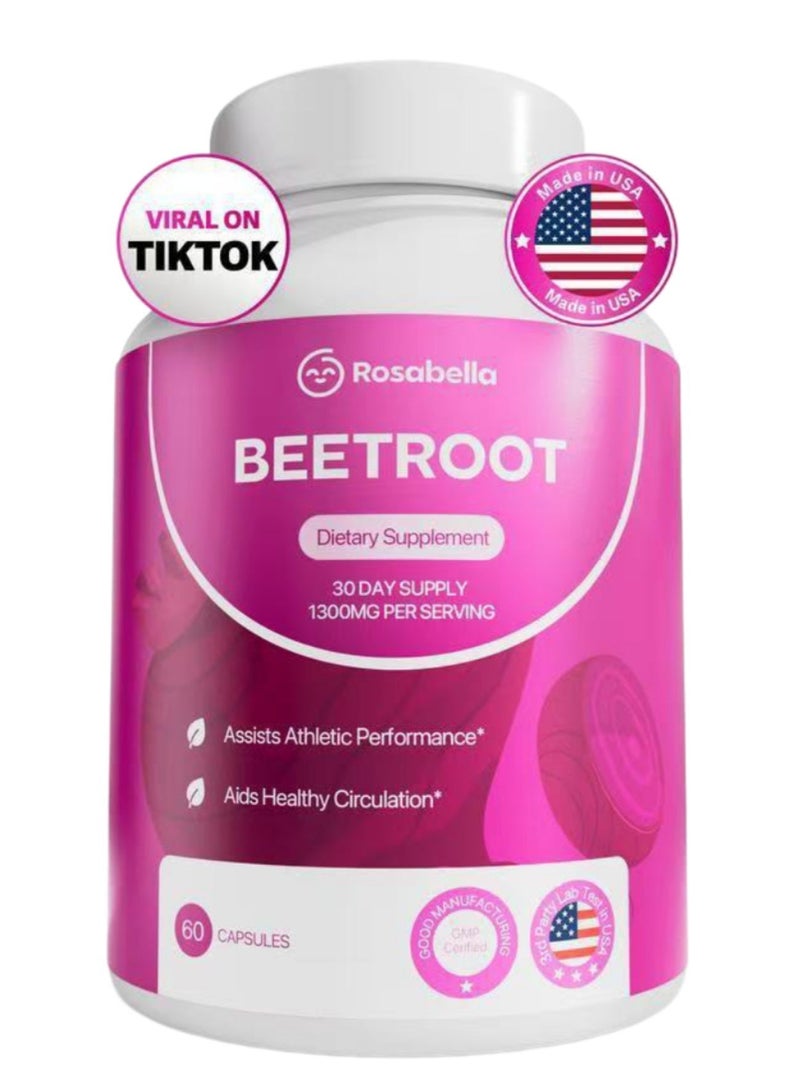 Rosabella Organic Beet Root Capsules – 1300mg Beetroot Powder for Natural Energy & Endurance Support, Non-GMO, Lab-Tested Beet Supplement - 60 Capsules, 30-Day Supply - Image 1