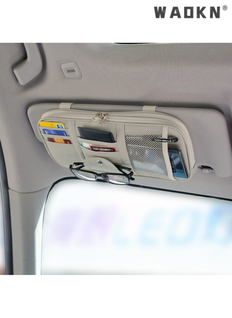 WAOKN Multi-functional Sunshade Storage Bag, Card Holder, Driver's License Receipt Card Holder, Data Cable Storage, Car Glasses Holder - Premium Quality Car Visor Organizer with Extra Pockets for Tickets and Coins  - Image 1
