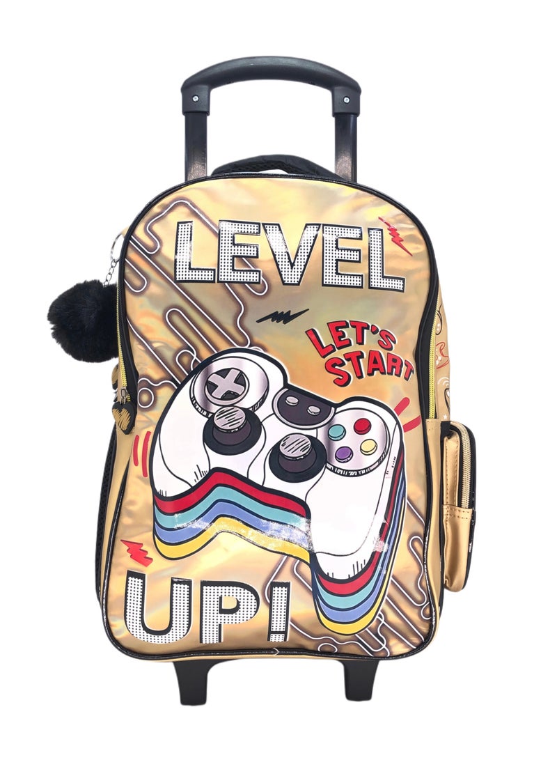 i-kola Gold Cansole Design Rolling Backpack 15 inch Wheeled Kids Backpack with Lunch Bag and Pencil Case for Boys Gold - Image 2