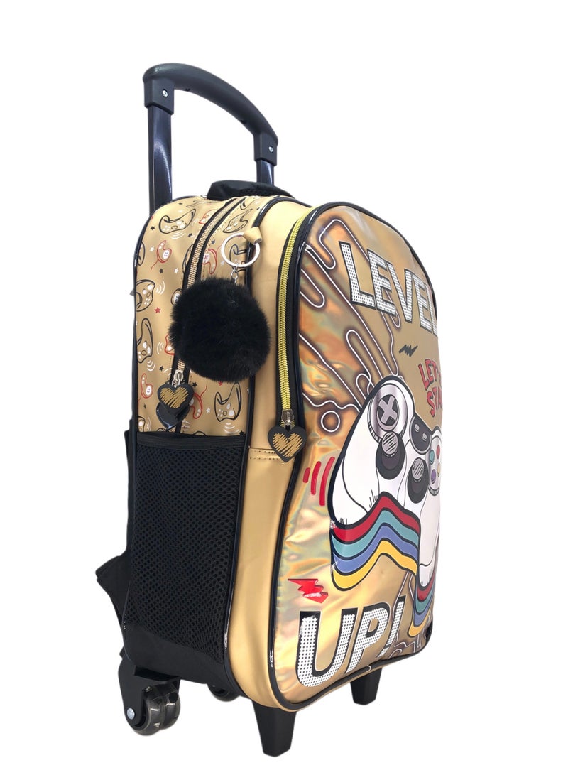 i-kola Gold Cansole Design Rolling Backpack 15 inch Wheeled Kids Backpack with Lunch Bag and Pencil Case for Boys Gold - Image 3