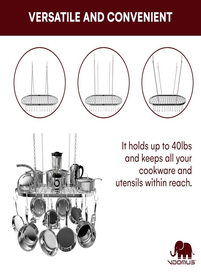 Vdomus Hanging Pot Rack - Ceiling Mount Kitchen Organizer for Pots and Pans with 15 Hooks - 33 x 17 Inches Heavy-Duty, Durable and Space-Saving Pan Holder - Silver - Image 3