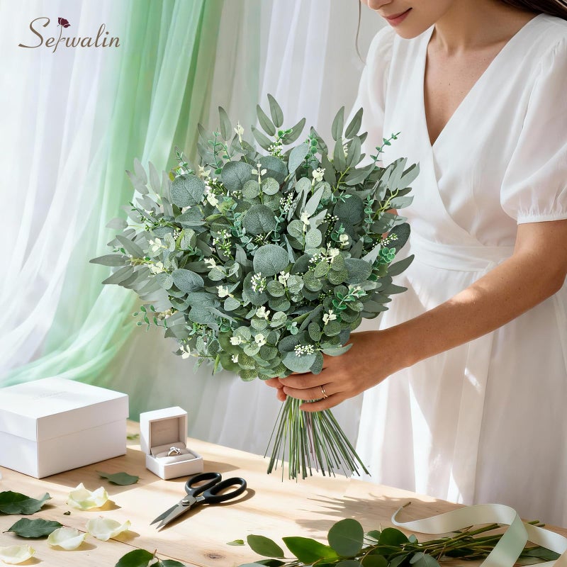 Serwalin 35pcs Artificial Mixed Eucalyptus Stems Leaves Bulk, 4Kinds Fake Greenery Silver Dollar Eucalyptus Leaves Picks,Faux Greenry Stems Sprays for DIY Bouquets Floral Arrangement Home Decor - Image 3