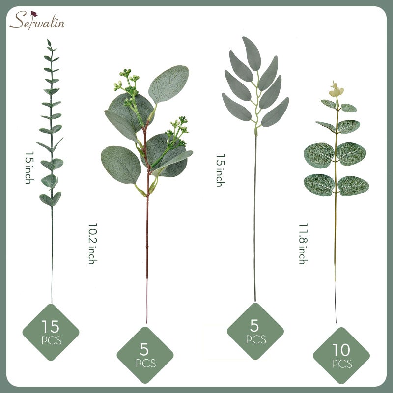 Serwalin 35pcs Artificial Mixed Eucalyptus Stems Leaves Bulk, 4Kinds Fake Greenery Silver Dollar Eucalyptus Leaves Picks,Faux Greenry Stems Sprays for DIY Bouquets Floral Arrangement Home Decor - Image 4