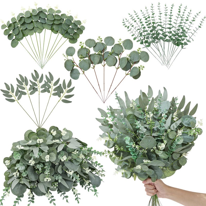 Serwalin 35pcs Artificial Mixed Eucalyptus Stems Leaves Bulk, 4Kinds Fake Greenery Silver Dollar Eucalyptus Leaves Picks,Faux Greenry Stems Sprays for DIY Bouquets Floral Arrangement Home Decor - Image 1