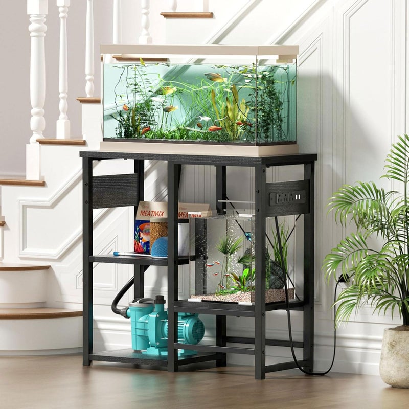 GRLEAF 20-30 Gallon Fish Tank Stand with Power Outlets, 4 Tier Metal Aquarium Stand with Wood Storage Shelves, 30.7" L x 13.8" W x 30.3" H Turtle Reptile Fish Tank Table Aquarium Table - Black - Image 1