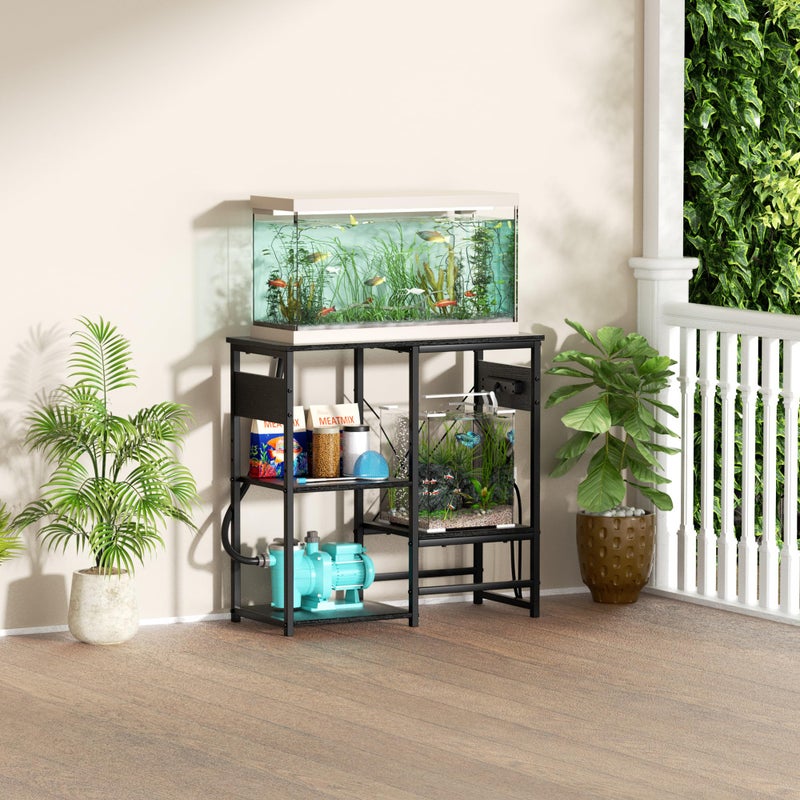 GRLEAF 20-30 Gallon Fish Tank Stand with Power Outlets, 4 Tier Metal Aquarium Stand with Wood Storage Shelves, 30.7" L x 13.8" W x 30.3" H Turtle Reptile Fish Tank Table Aquarium Table - Black - Image 2