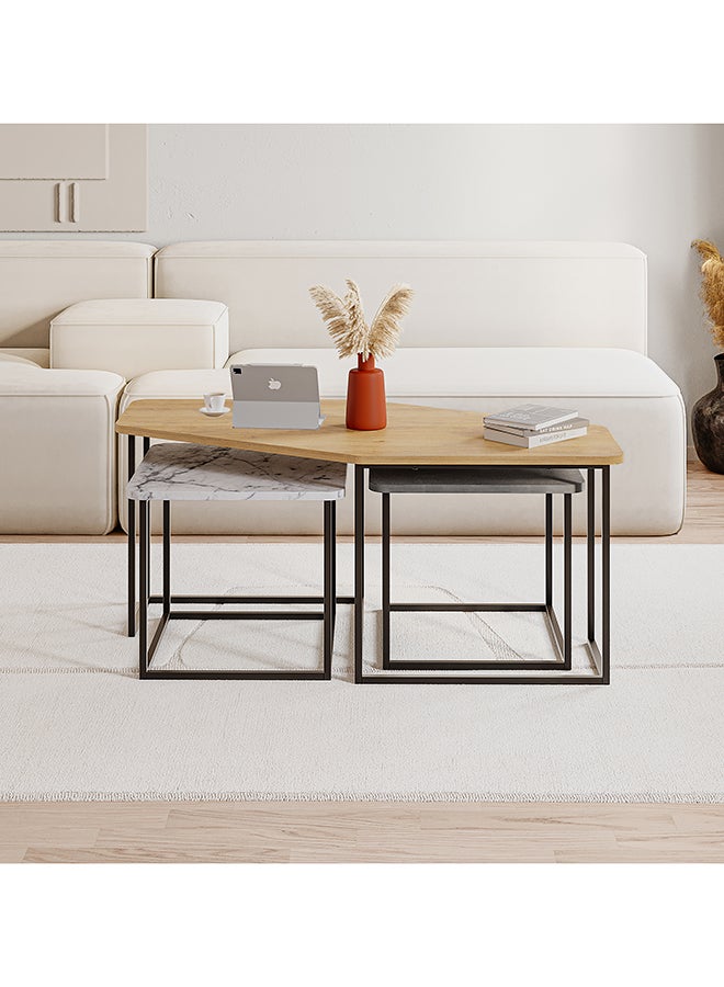 Mourah Home Nesty Modern Coffee Table, Nesting Table 3 Pieces Centre Table For Living Room With Metal Legs Versatile Design| Small Spaces Living Room|48X110X60Cm- Oak/Grey/Matt Matt White Marble - 2 Years Warranty - Image 2
