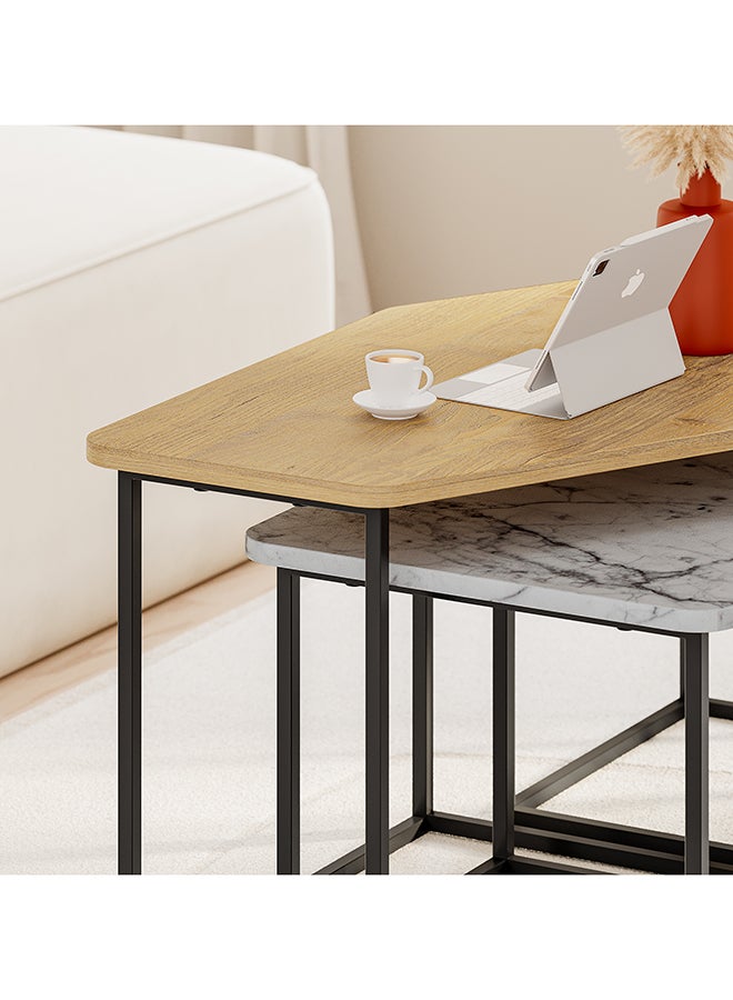 Mourah Home Nesty Modern Coffee Table, Nesting Table 3 Pieces Centre Table For Living Room With Metal Legs Versatile Design| Small Spaces Living Room|48X110X60Cm- Oak/Grey/Matt Matt White Marble - 2 Years Warranty - Image 3