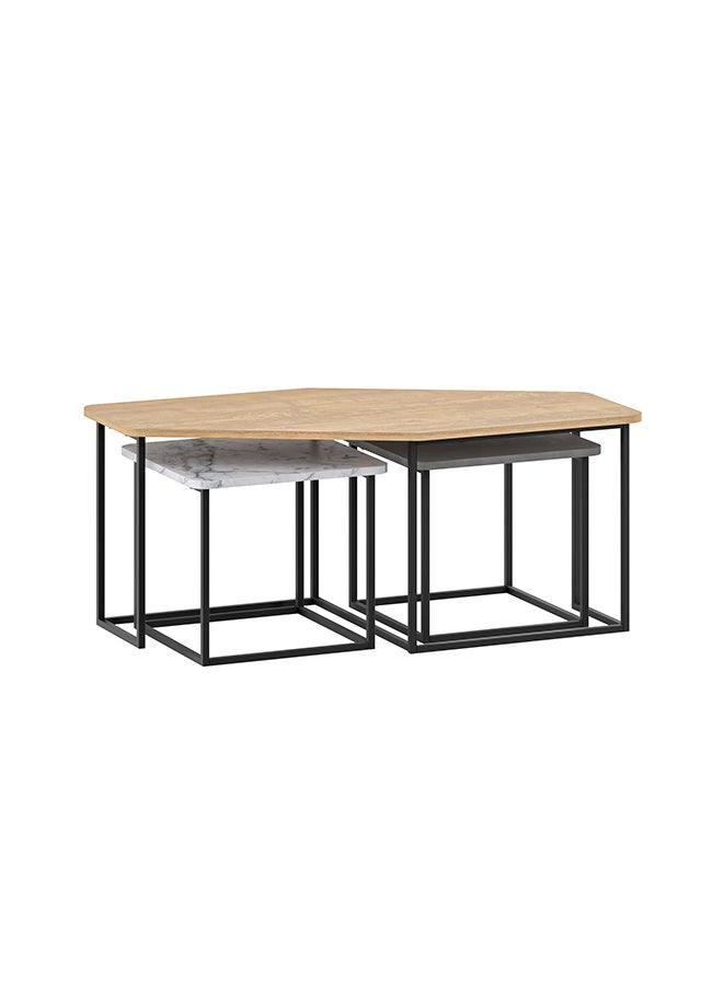 Mourah Home Nesty Modern Coffee Table, Nesting Table 3 Pieces Centre Table For Living Room With Metal Legs Versatile Design| Small Spaces Living Room|48X110X60Cm- Oak/Grey/Matt Matt White Marble - 2 Years Warranty - Image 4