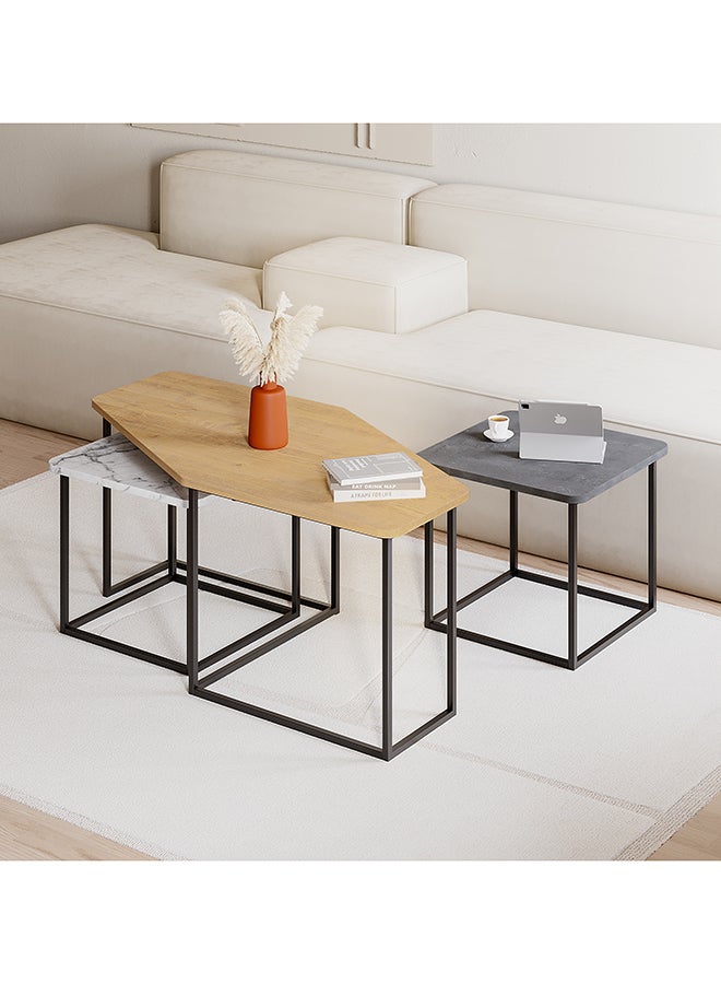 Mourah Home Nesty Modern Coffee Table, Nesting Table 3 Pieces Centre Table For Living Room With Metal Legs Versatile Design| Small Spaces Living Room|48X110X60Cm- Oak/Grey/Matt Matt White Marble - 2 Years Warranty - Image 1