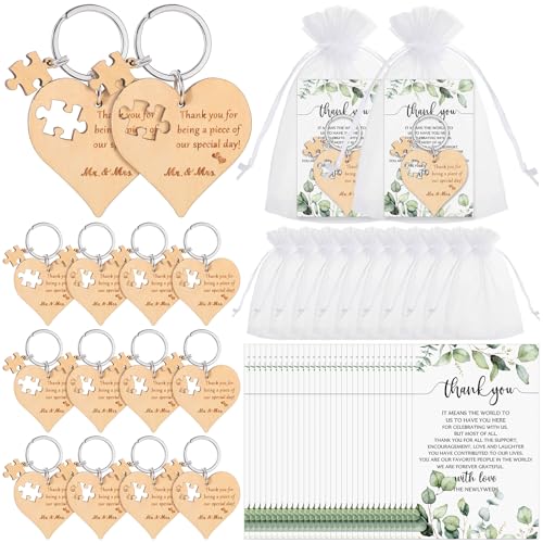 Ecation Wedding Favors for Guests Wood Heart Puzzle Keychains Thank You Cards Gift Bag Bridal Shower Souvenir Gifts(100 Sets) - Image 1