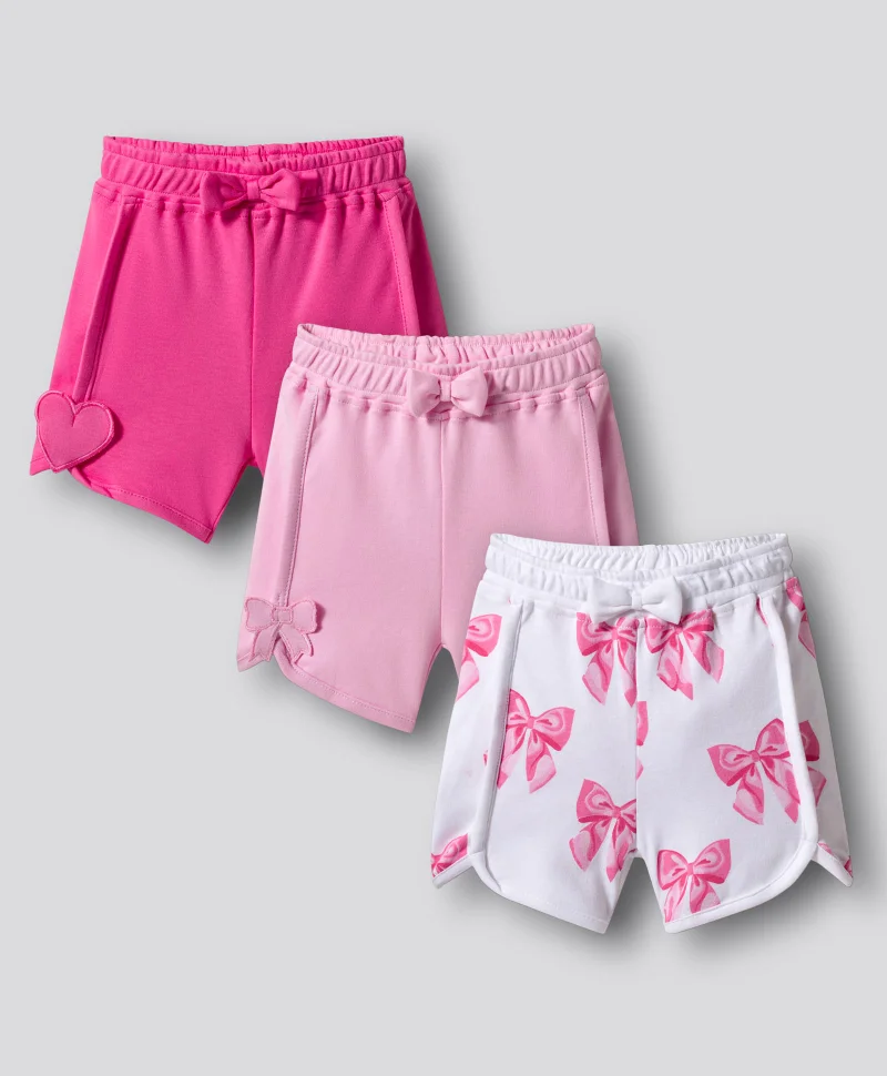 Bonfino Bonfino 100% Cotton Bow Printed Shorts with Bow & Heart Applique (Pack of 3) - White & Pink