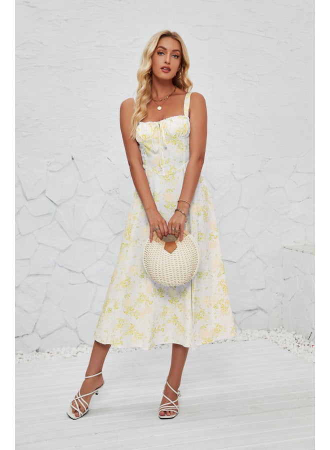 SPRING Summer Straps European And American Women's Fashion Floral Print Pastoral Long Elegant Dress - Image 1