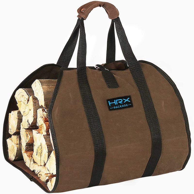 HRX Package Waxed Canvas Firewood Bag Carrier Water Resistant Wood Carrying Bag With Handles Log Tote for Kitchen Camping Trip Christmas Gift