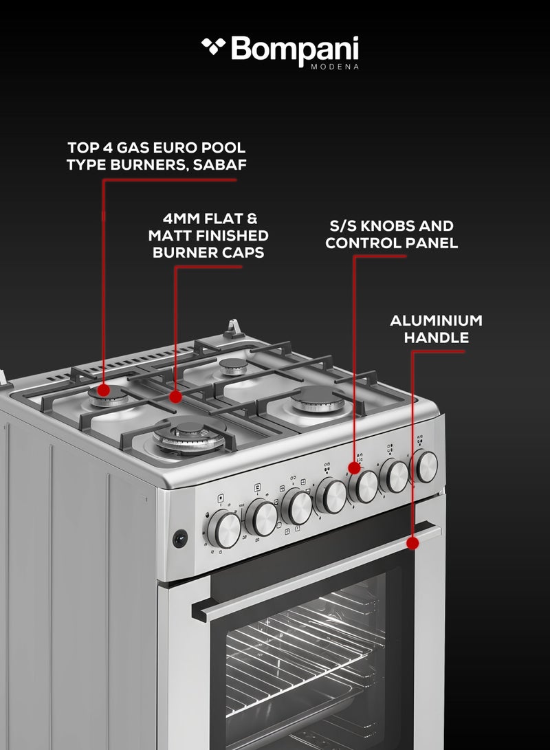 Bompani 60x60 cm Stainless Steel Gas Cooker with 4 Sabaf Burners, 66L Electric Oven, Grill, Rotisserie, Turbo Fan & Triple Glass Door – (1 Year Warranty) 4 BO614BIXT silver - Image 5