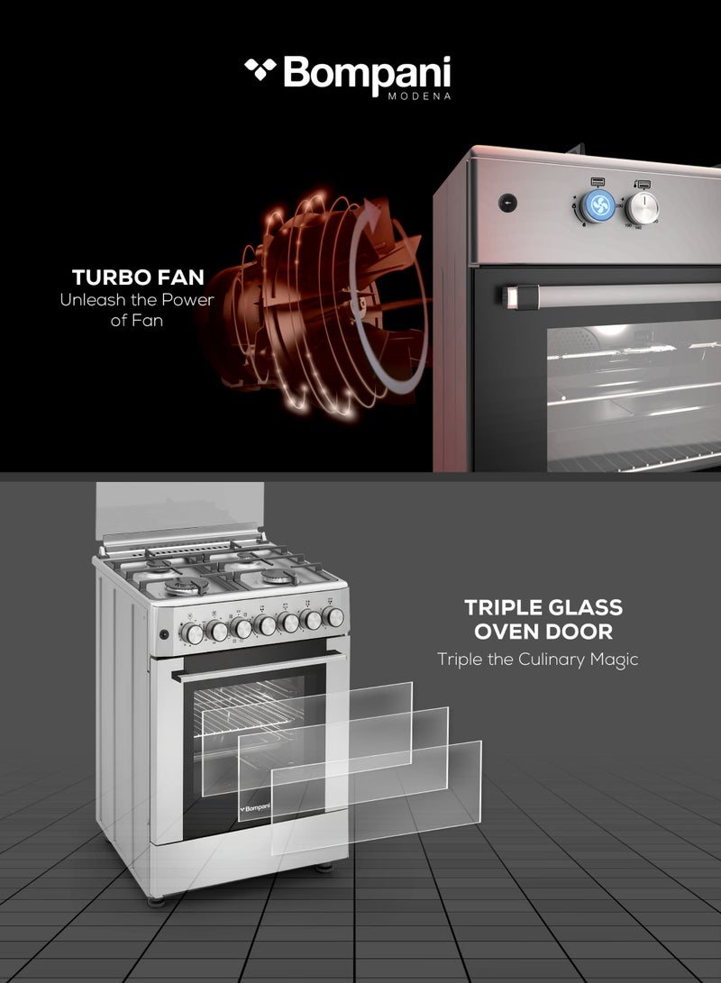 Bompani 60x60 cm Stainless Steel Gas Cooker with 4 Sabaf Burners, 66L Electric Oven, Grill, Rotisserie, Turbo Fan & Triple Glass Door – (1 Year Warranty) 4 BO614BIXT silver - Image 4