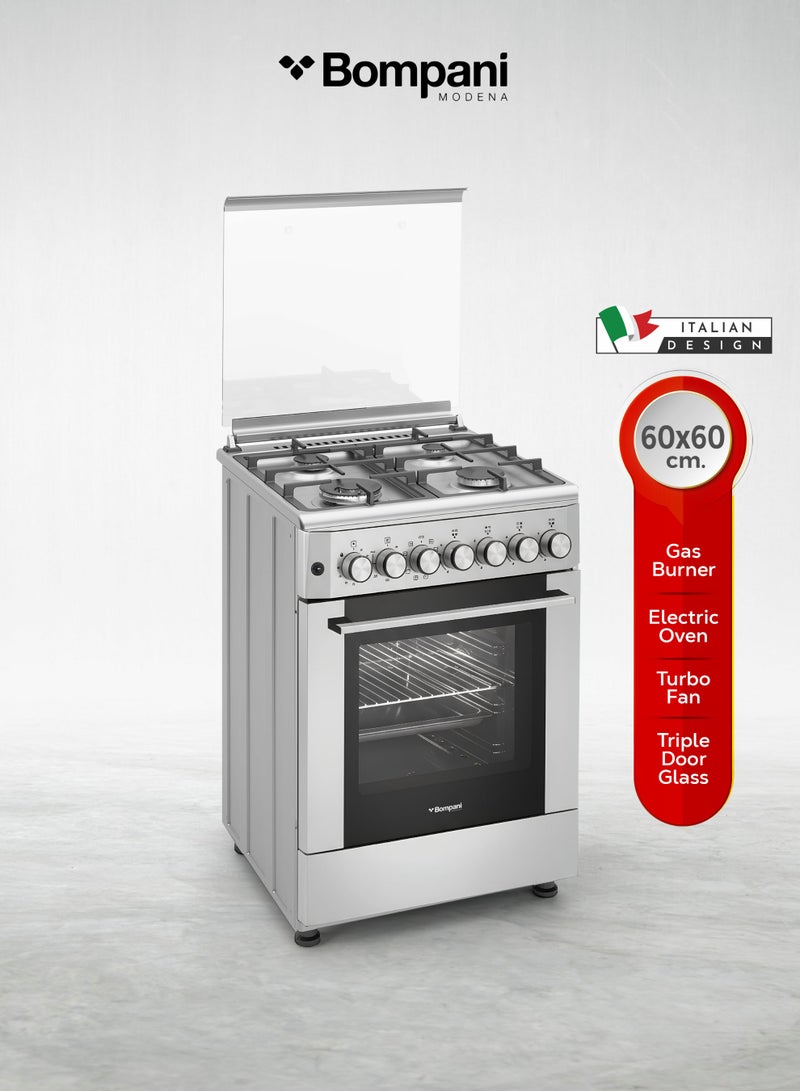 Bompani 60x60 cm Stainless Steel Gas Cooker with 4 Sabaf Burners, 66L Electric Oven, Grill, Rotisserie, Turbo Fan & Triple Glass Door – (1 Year Warranty) 4 BO614BIXT silver - Image 1