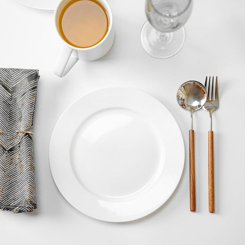 YALONG 8 Inch Ceramic Dinner Plates Set of 4 Rounded White Salad Plates for Lunch Pizza Buffet Steak and Bread Microwave and Dishwasher Safe - Image 5