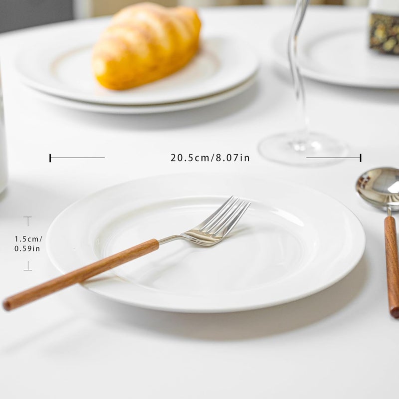 YALONG 8 Inch Ceramic Dinner Plates Set of 4 Rounded White Salad Plates for Lunch Pizza Buffet Steak and Bread Microwave and Dishwasher Safe - Image 2