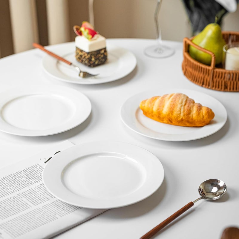 YALONG 8 Inch Ceramic Dinner Plates Set of 4 Rounded White Salad Plates for Lunch Pizza Buffet Steak and Bread Microwave and Dishwasher Safe - Image 3