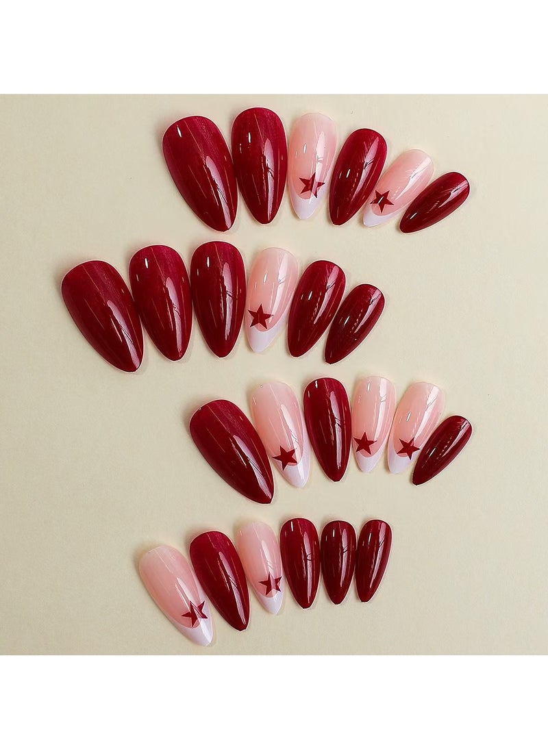 Press on nails 24PCS, New Handmade Press-On Nails, French Edge Red Star Pure Color Almond-Shaped Nail Tips, the Perfect Combination of Elegance and Personality, Fake Acrylic Nails With Glue Kit. - Image 3