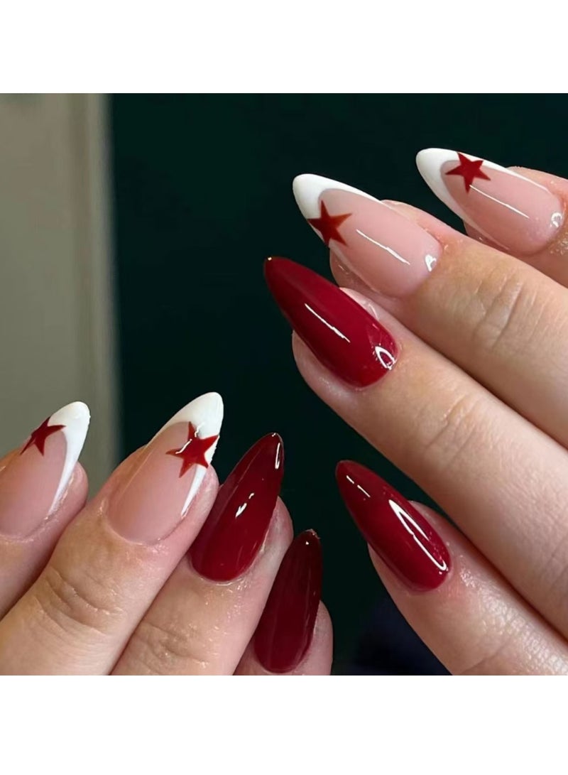 Press on nails 24PCS, New Handmade Press-On Nails, French Edge Red Star Pure Color Almond-Shaped Nail Tips, the Perfect Combination of Elegance and Personality, Fake Acrylic Nails With Glue Kit. - Image 1
