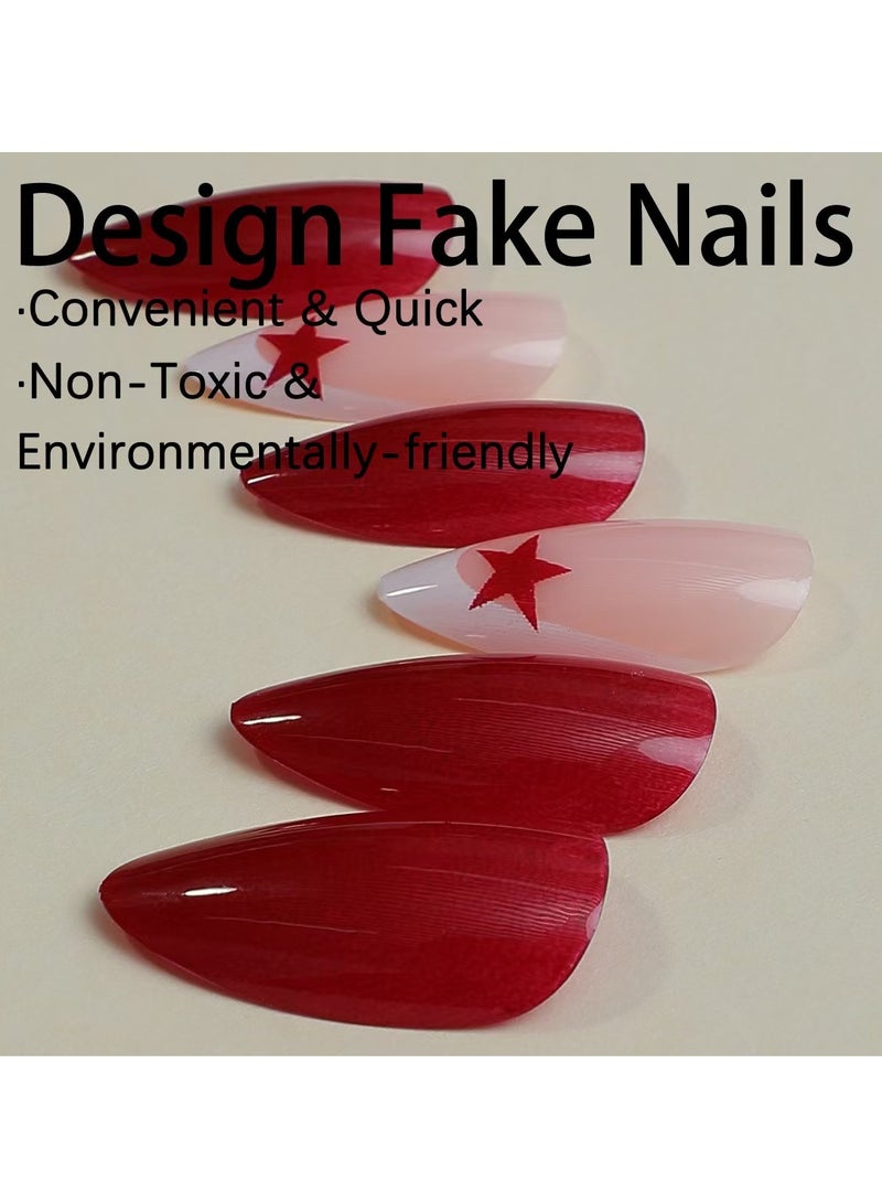 Press on nails 24PCS, New Handmade Press-On Nails, French Edge Red Star Pure Color Almond-Shaped Nail Tips, the Perfect Combination of Elegance and Personality, Fake Acrylic Nails With Glue Kit. - Image 5