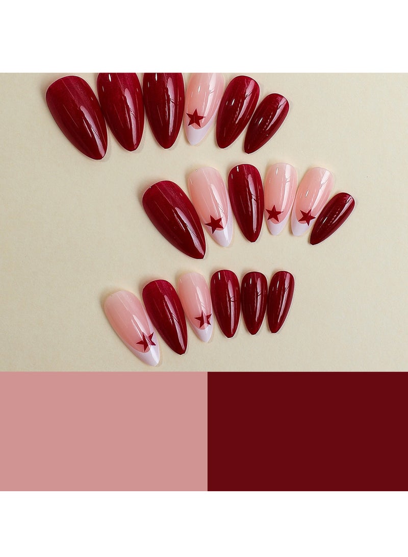 Press on nails 24PCS, New Handmade Press-On Nails, French Edge Red Star Pure Color Almond-Shaped Nail Tips, the Perfect Combination of Elegance and Personality, Fake Acrylic Nails With Glue Kit. - Image 2
