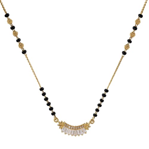VIEN Elegant Gold Plated Mangalsutra for Women | Regular Wear CZ Stone | Lightweight Traditional Black Beads Necklace | Trendy Baguette Pendant for Girls | Wedding & Festive Jewellery - Image 1