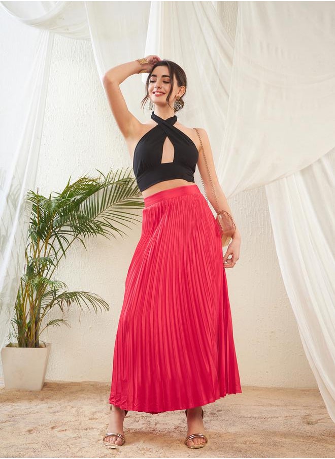 SASSAFRAS - Pleated A-Line Satin Maxi Skirt by Styli - Image 1
