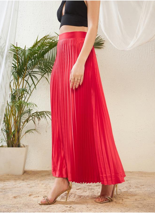 SASSAFRAS - Pleated A-Line Satin Maxi Skirt by Styli - Image 1