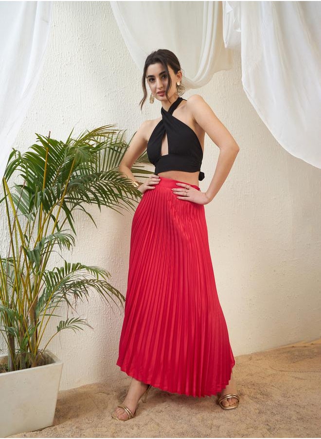 SASSAFRAS - Pleated A-Line Satin Maxi Skirt by Styli - Image 1