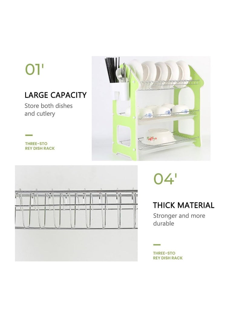 3 Layer Dish Drying Stand Dish Rack with Drain Tray Bowl Storage Rack Plate Organizer Utensil Holder Dish Driner for Kitchen Countertop (House)