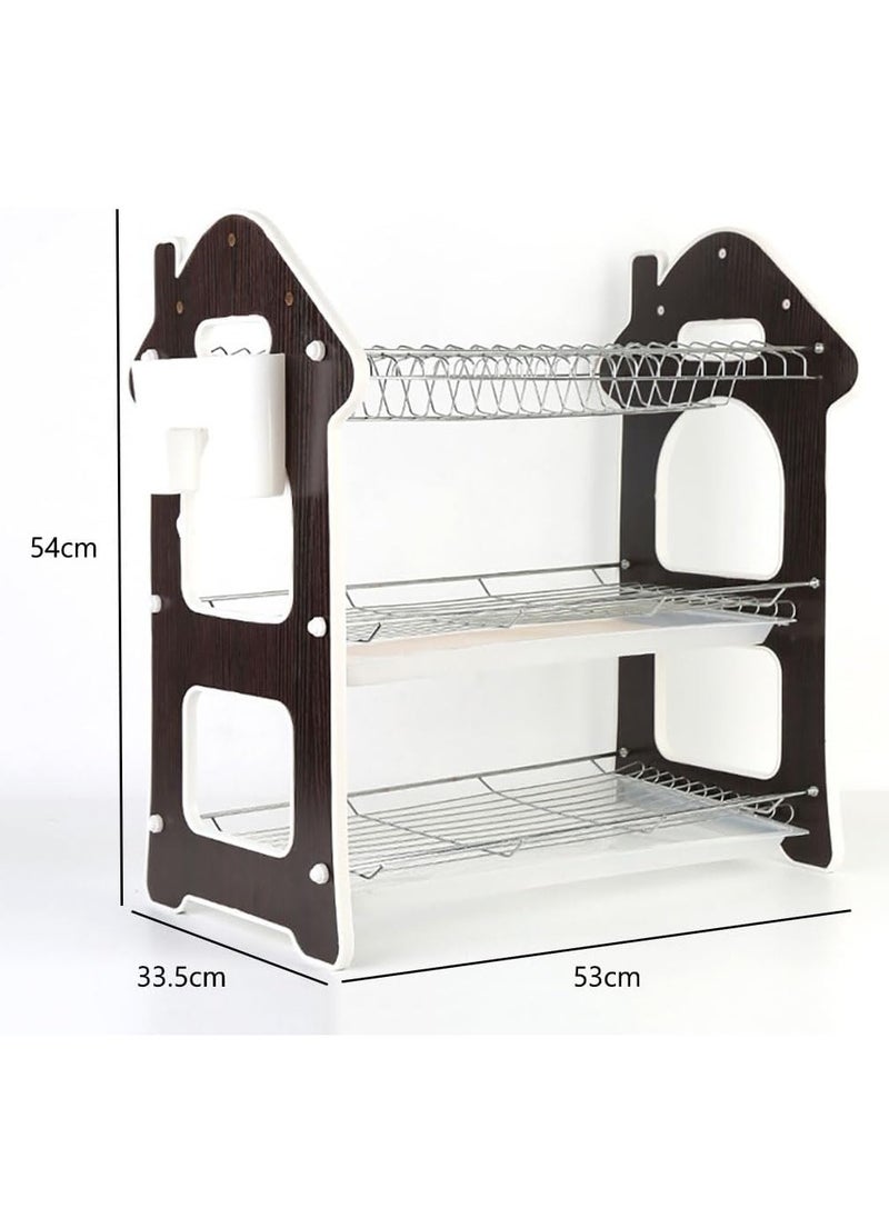3 Layer Dish Drying Stand Dish Rack with Drain Tray Bowl Storage Rack Plate Organizer Utensil Holder Dish Driner for Kitchen Countertop (House)