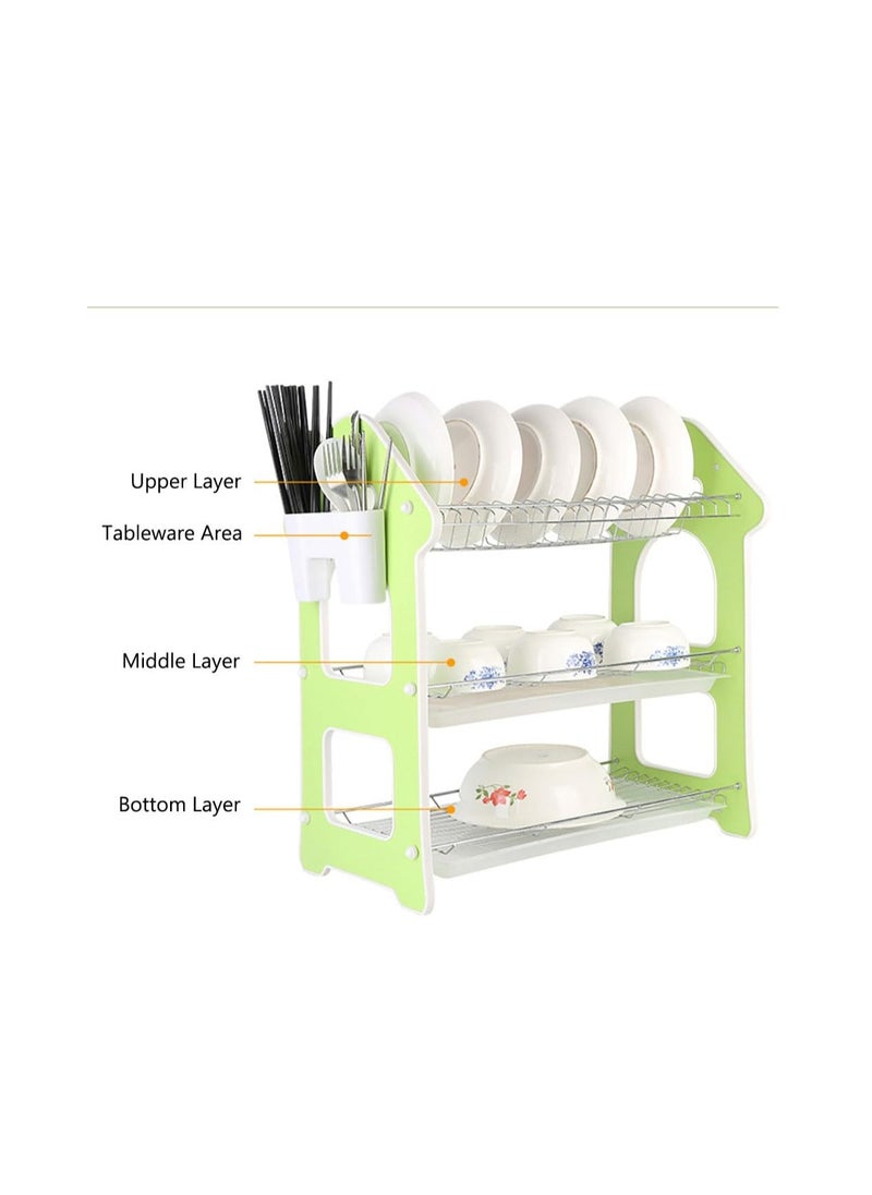 3 Layer Dish Drying Stand Dish Rack with Drain Tray Bowl Storage Rack Plate Organizer Utensil Holder Dish Driner for Kitchen Countertop (House)