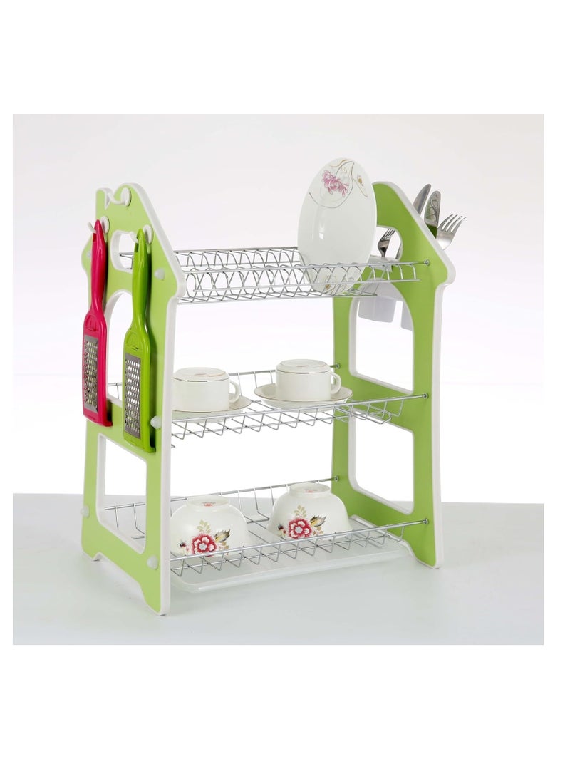 3 Layer Dish Drying Stand Dish Rack with Drain Tray Bowl Storage Rack Plate Organizer Utensil Holder Dish Driner for Kitchen Countertop (House)