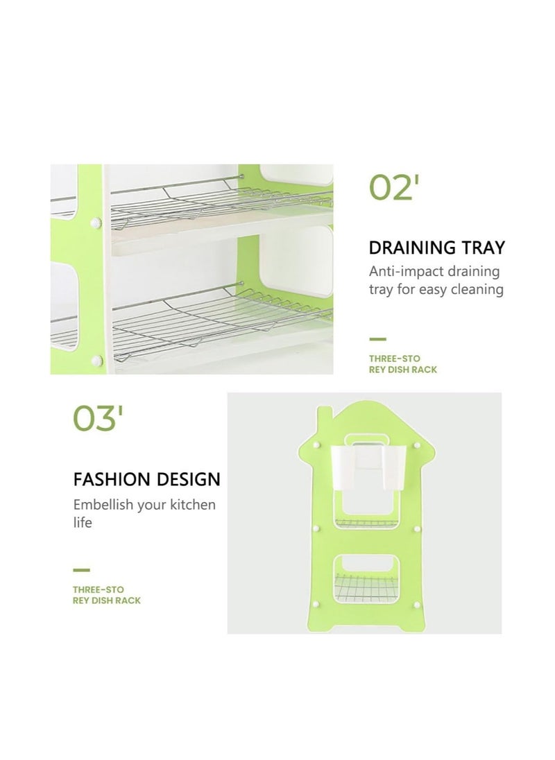 3 Layer Dish Drying Stand Dish Rack with Drain Tray Bowl Storage Rack Plate Organizer Utensil Holder Dish Driner for Kitchen Countertop (House)