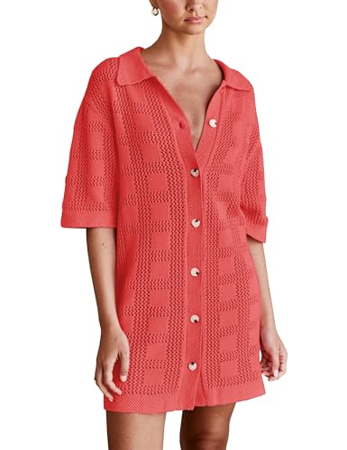 Lumister Lightweight Knit Dress Crochet Button Cover Up Bathing Suit Swimwear Knit Beach Summer Dress for Women Red - Image 1