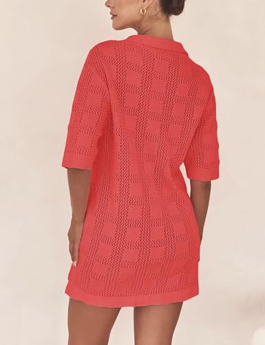 Lumister Lightweight Knit Dress Crochet Button Cover Up Bathing Suit Swimwear Knit Beach Summer Dress for Women Red - Image 5