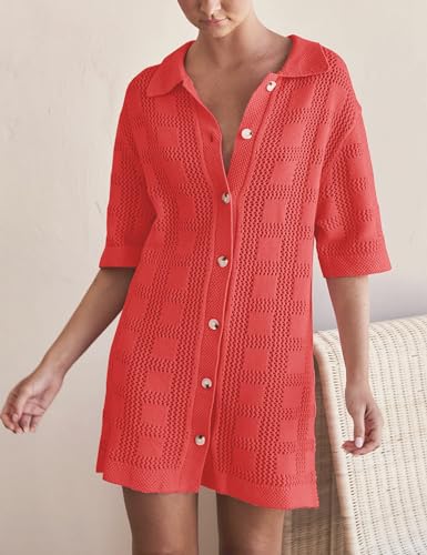 Lumister Lightweight Knit Dress Crochet Button Cover Up Bathing Suit Swimwear Knit Beach Summer Dress for Women Red - Image 2