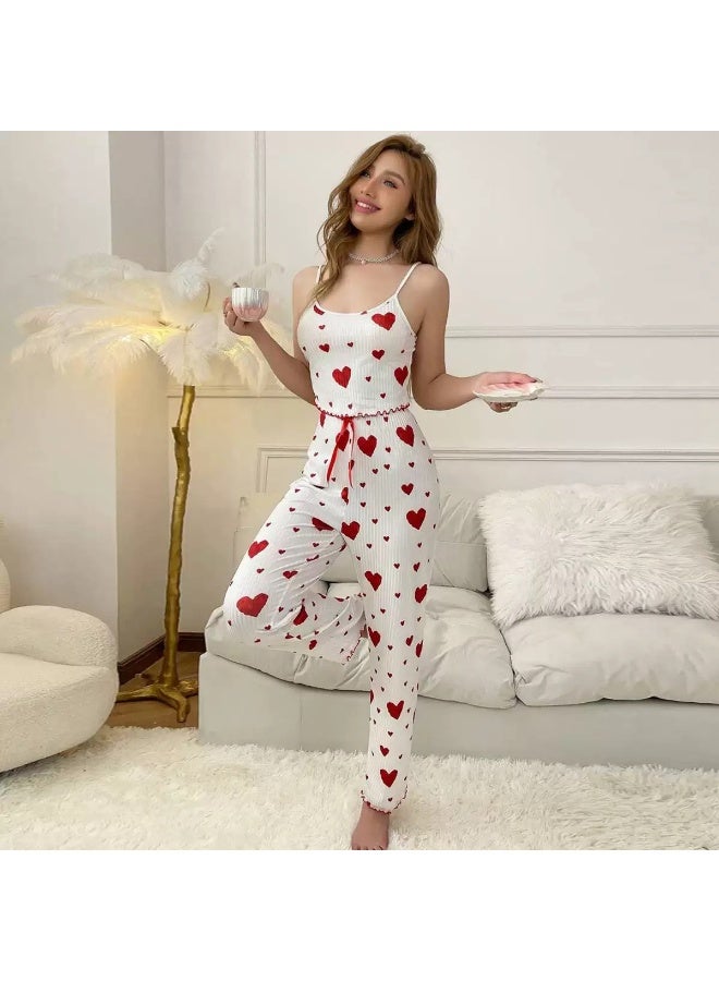 طقم بيجاما نسائي من قطعتين، بلوزة قصيرة مضلعة مطبوعة بنقشة قلوب، وبنطال طويل مطاطي، ملابس نوم نسائية.